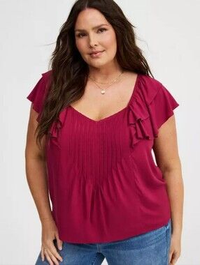 Torrid Rayon Slub Flutter Sleeve Blouse Red Plum Womens Plus Size 2 2X Top